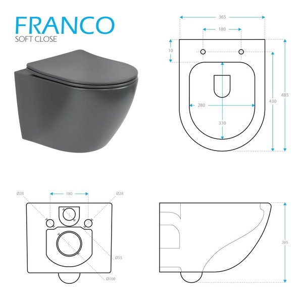 FRANCO - WC suspendu GRIS (sans bâti-support) + abattant soft close