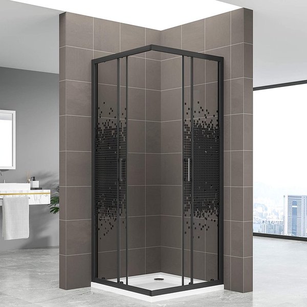 Cabine de douche à carreaux noirs portes coulissantes - Hauteur 180 cm